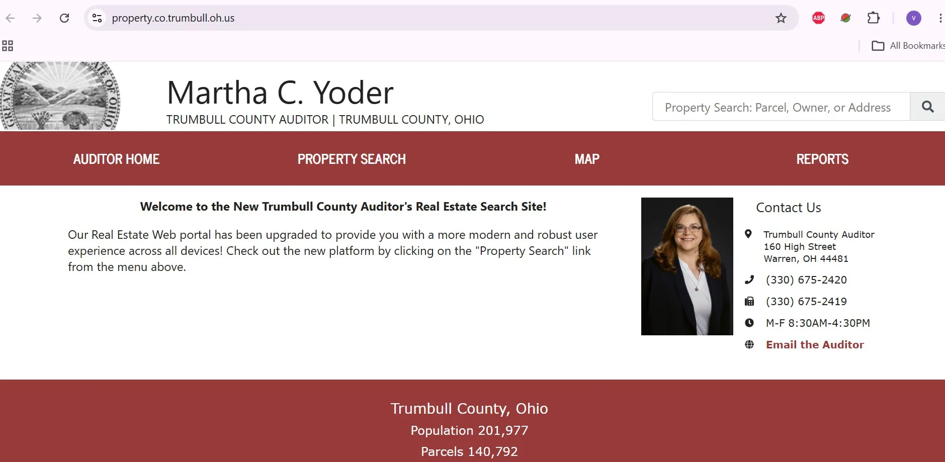 Official Trumbull County Auditor property search with owner address parcel and map options