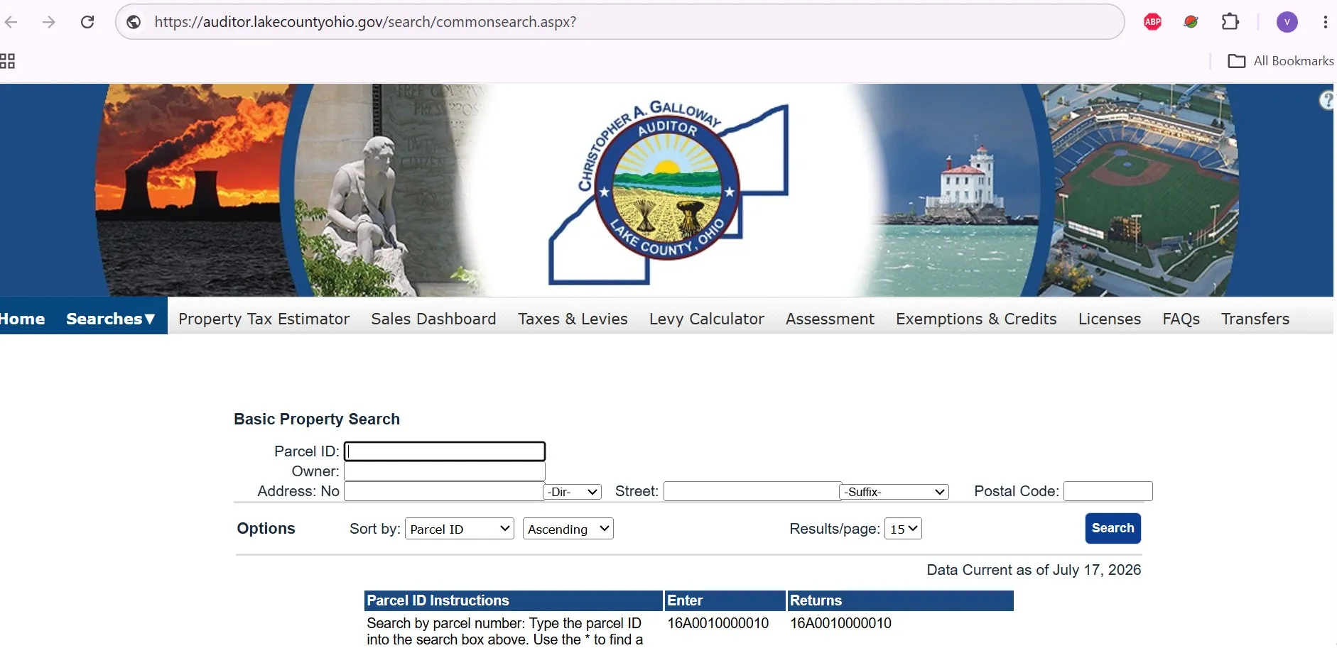 Official Lake County Ohio property search with parcel ID, owner name, address and postal code fields