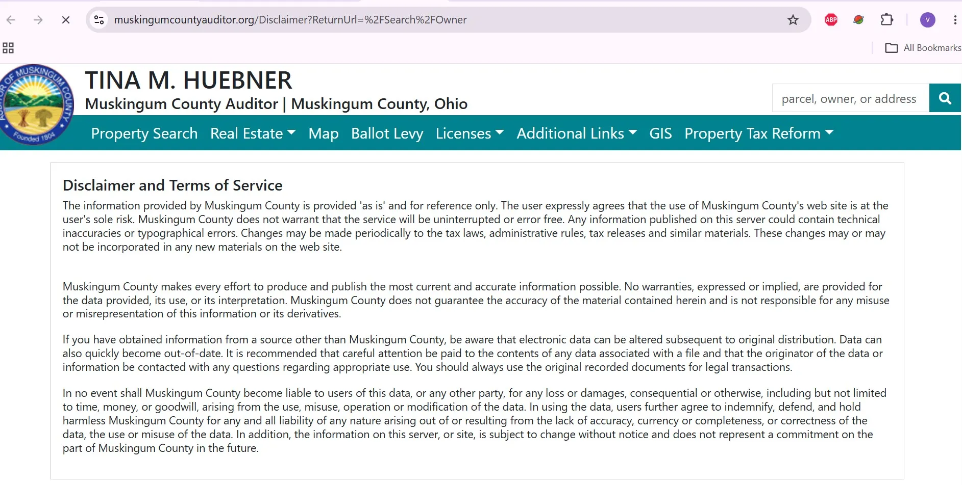 Official Muskingum County Ohio Auditor property search with parcel number, owner name and address lookup options