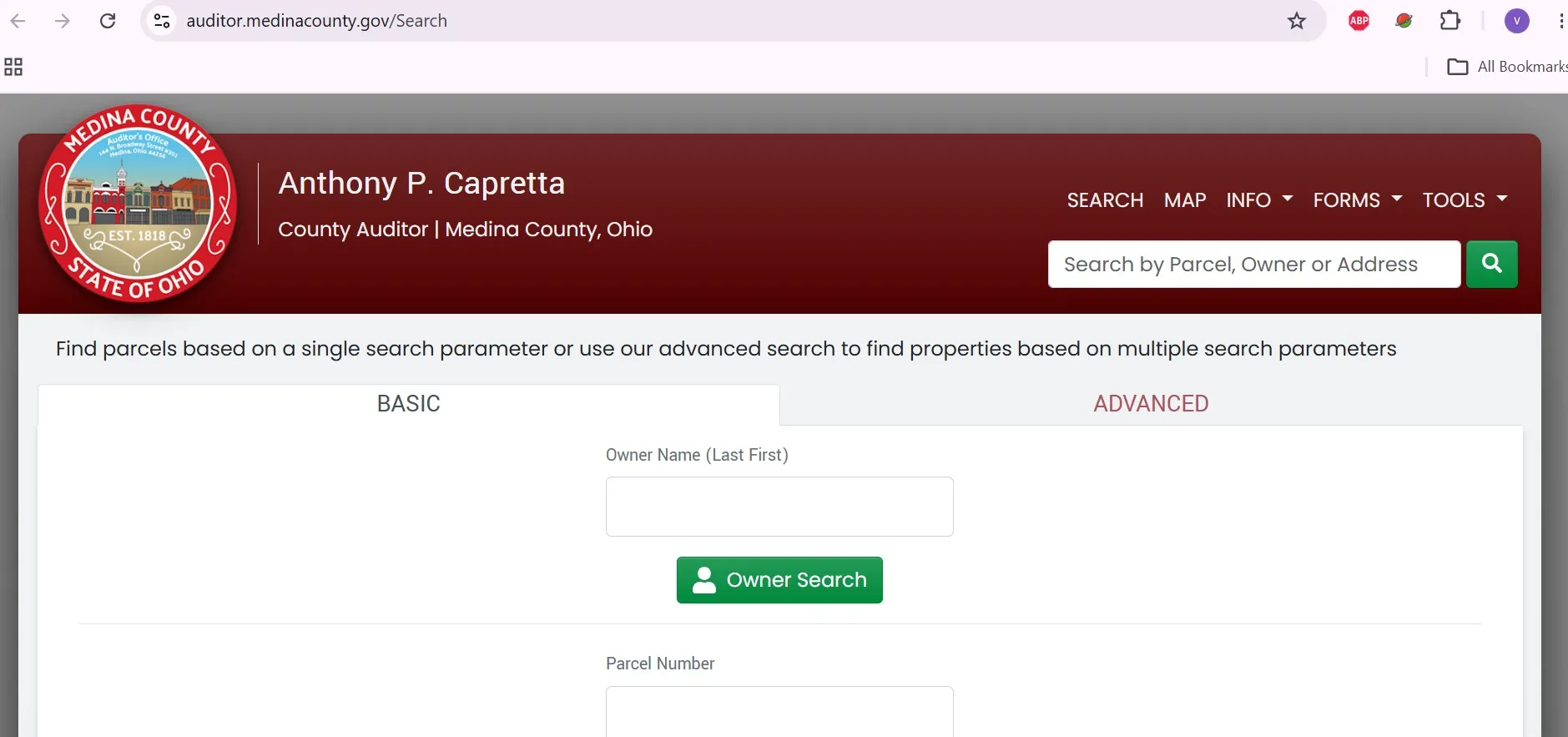Medina County Ohio Auditor property search with owner, parcel number and address fields