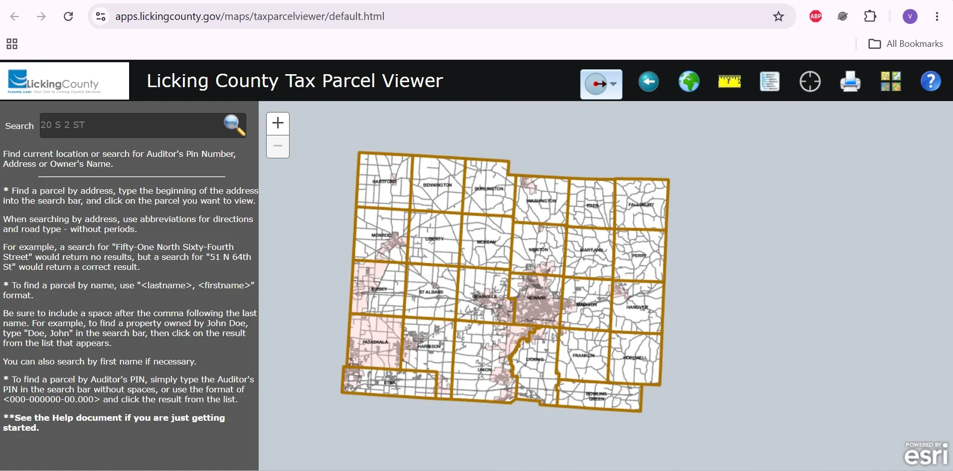 Licking County Ohio Tax Parcel Viewer with owner, address and Auditor PIN search options