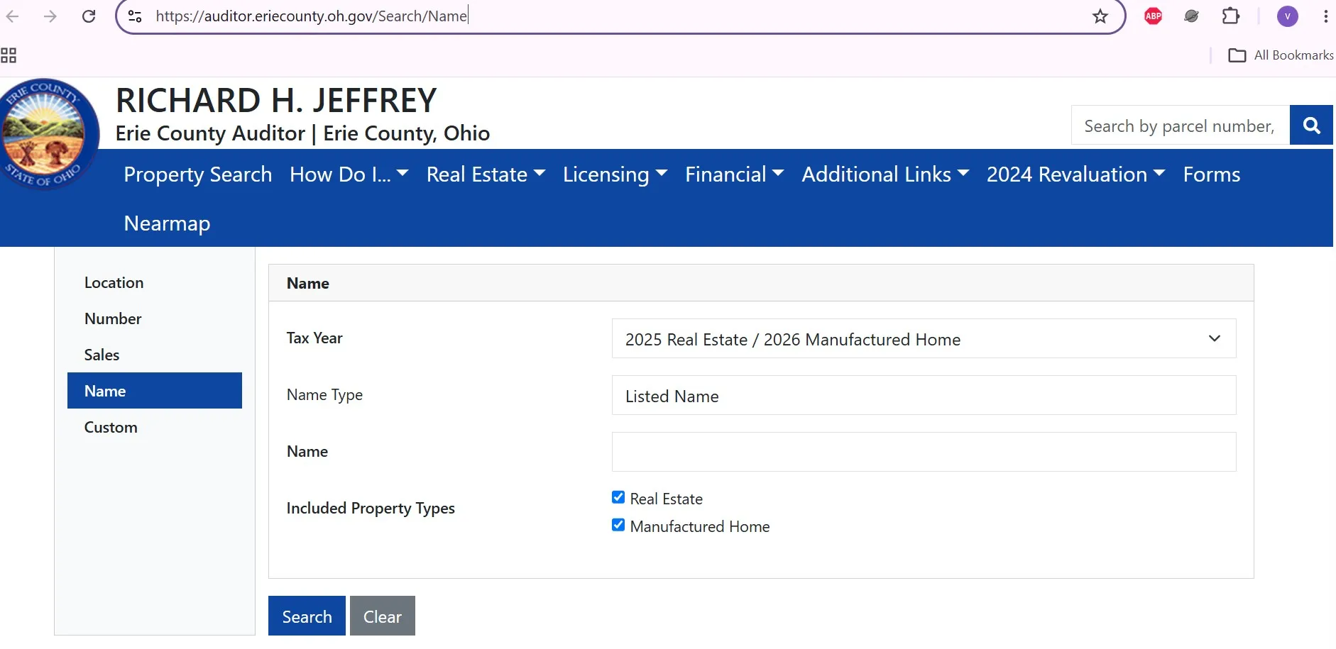 Official Erie County Ohio Auditor property search page with owner, address and parcel-number lookup options
