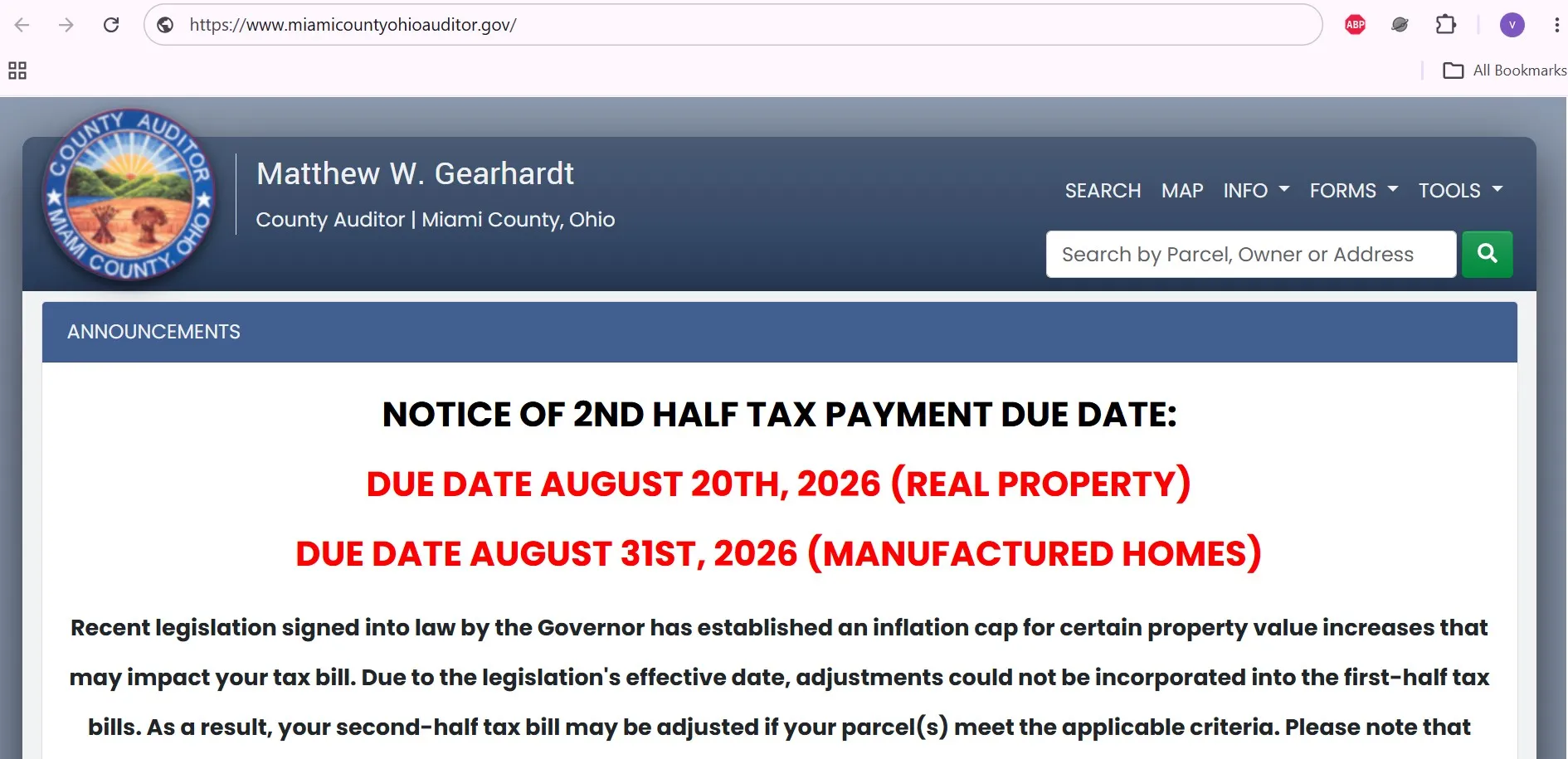 Official Miami County Ohio Auditor property search with owner parcel number and address lookup fields