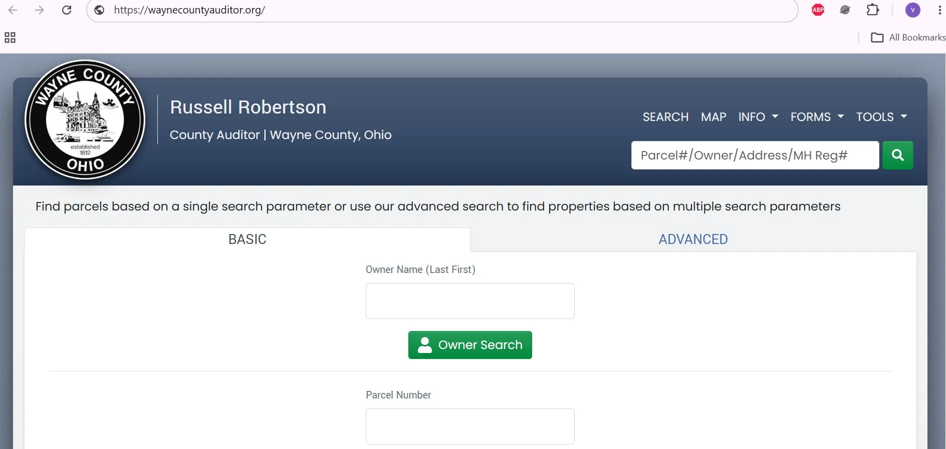 Wayne County Ohio Auditor property search form for owner, address and parcel number lookups