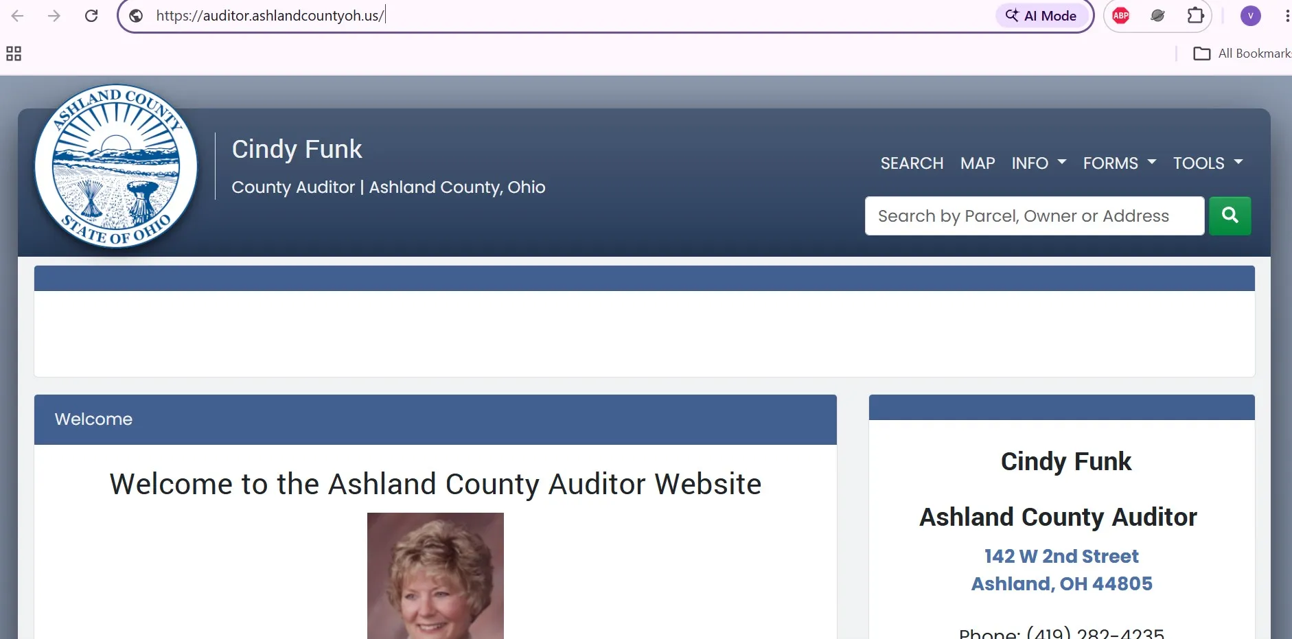 Official Ashland County Auditor website showing parcel, owner and address search with property records and GIS map access