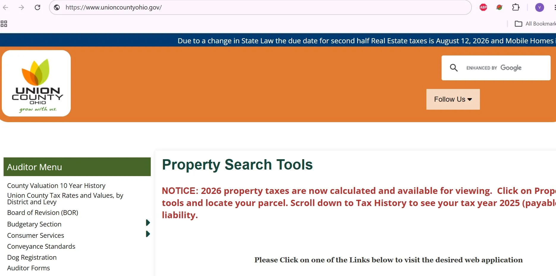 Official Union County Ohio Auditor property search with owner, address and parcel ID lookup fields