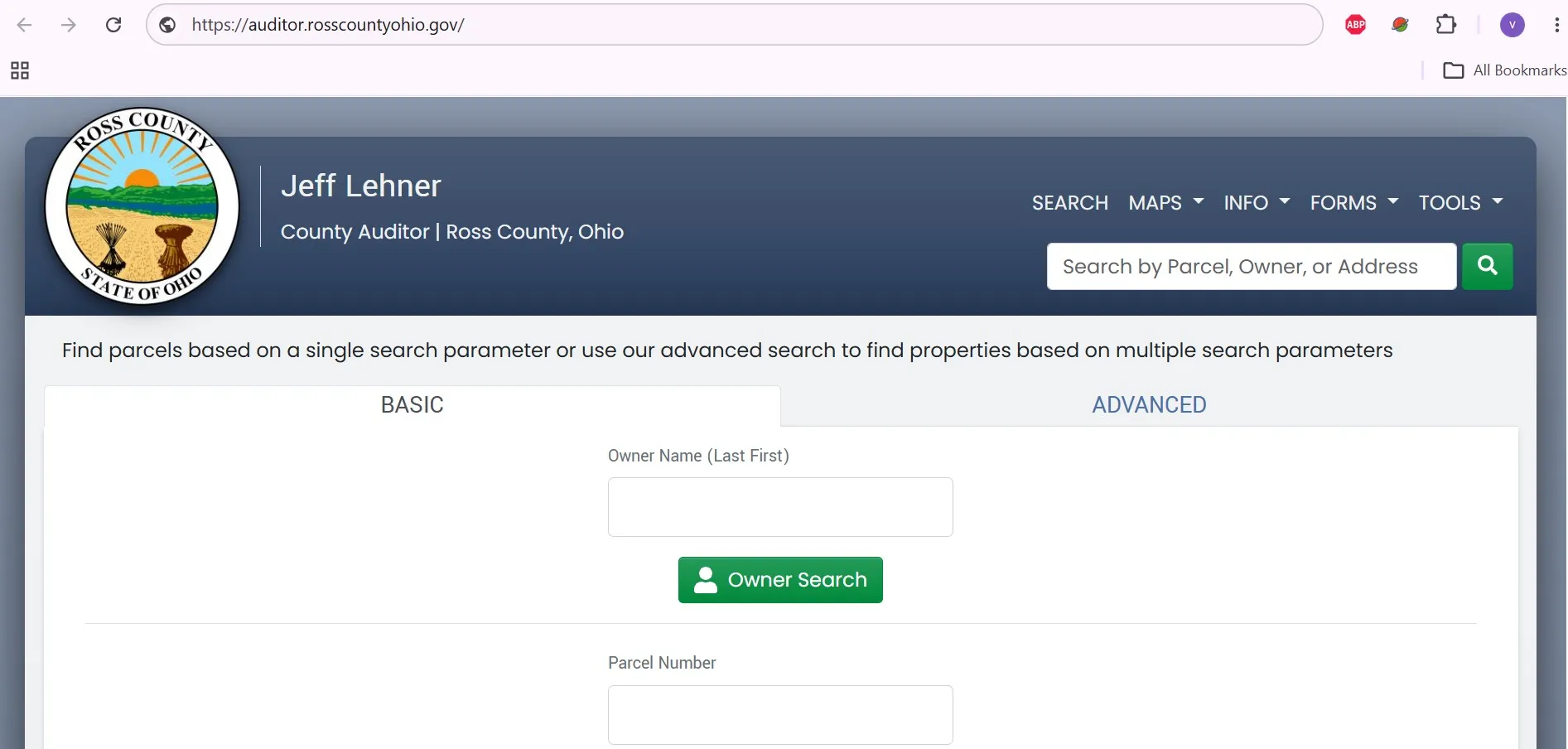 Ross County Ohio Auditor property search form for owner, address and parcel number lookups