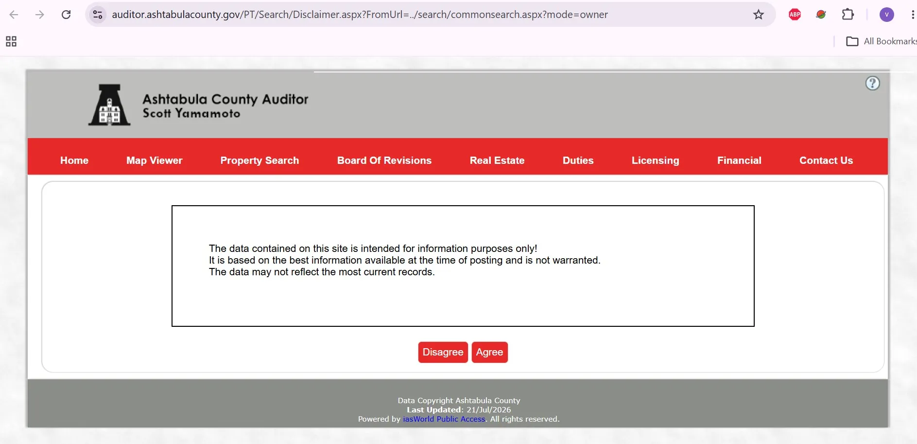 Official Ashtabula County Ohio Auditor property search with address, owner, parcel and map lookup options