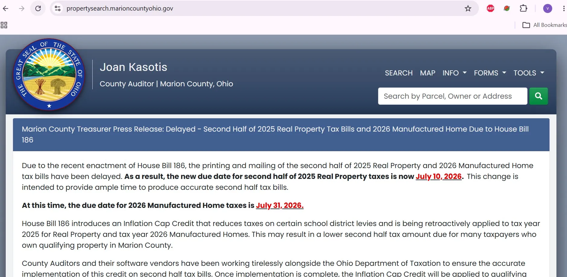 Official Marion County Ohio Auditor property search with owner, address, parcel and mobile-home lookup options