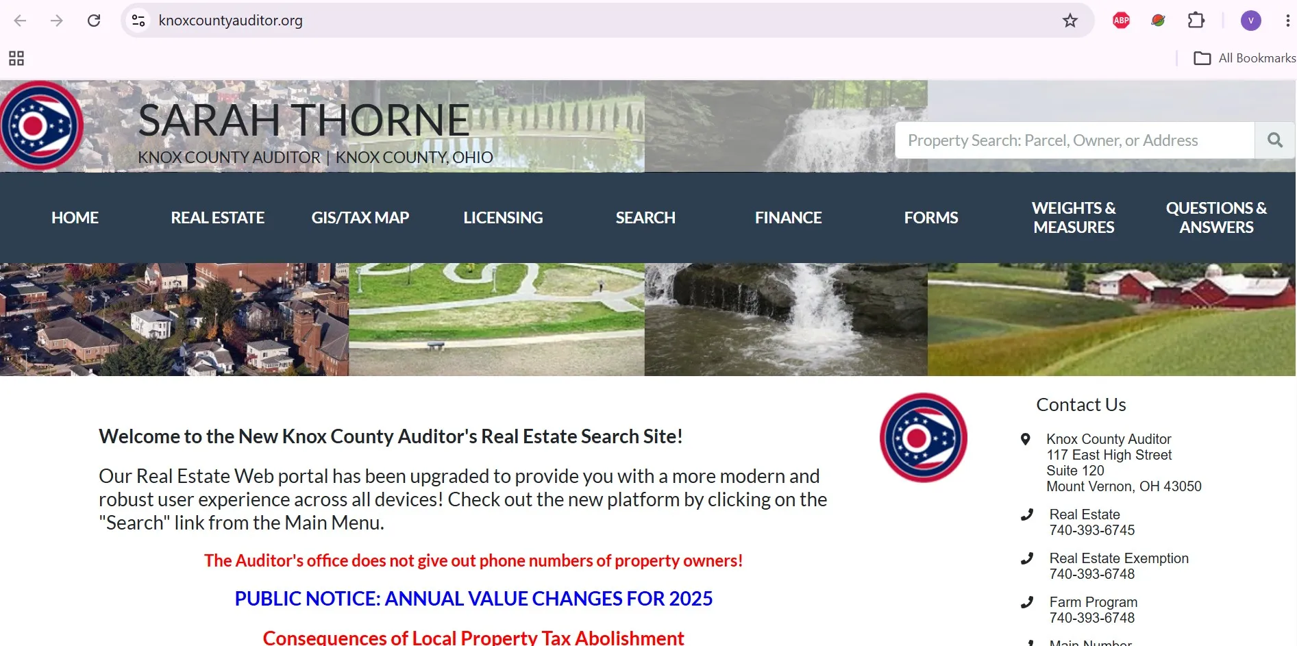 Knox County Ohio Auditor property search with owner, address, parcel number and legal description lookup options