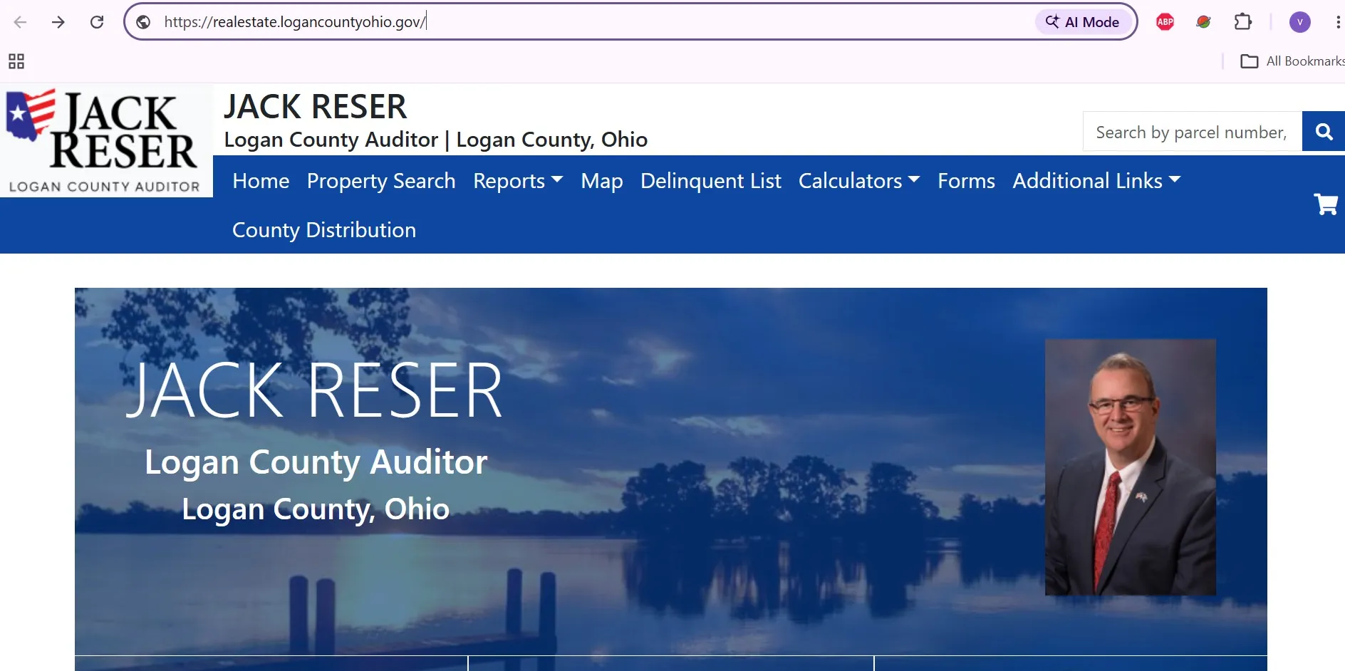 Official Logan County Auditor real estate search showing parcel number, owner name and property address lookup options