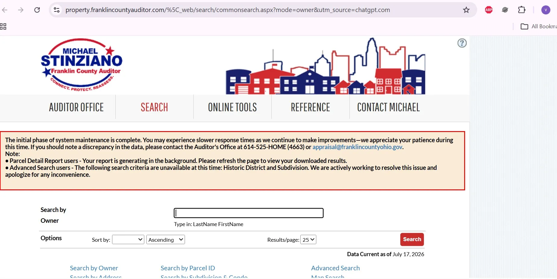 Franklin County Auditor Ohio property search page with owner, address, parcel ID and map search options