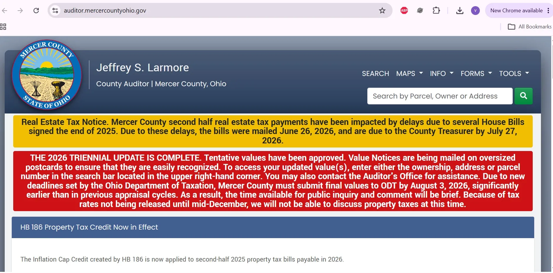 Mercer County Ohio Auditor property search with parcel, owner and address lookup options