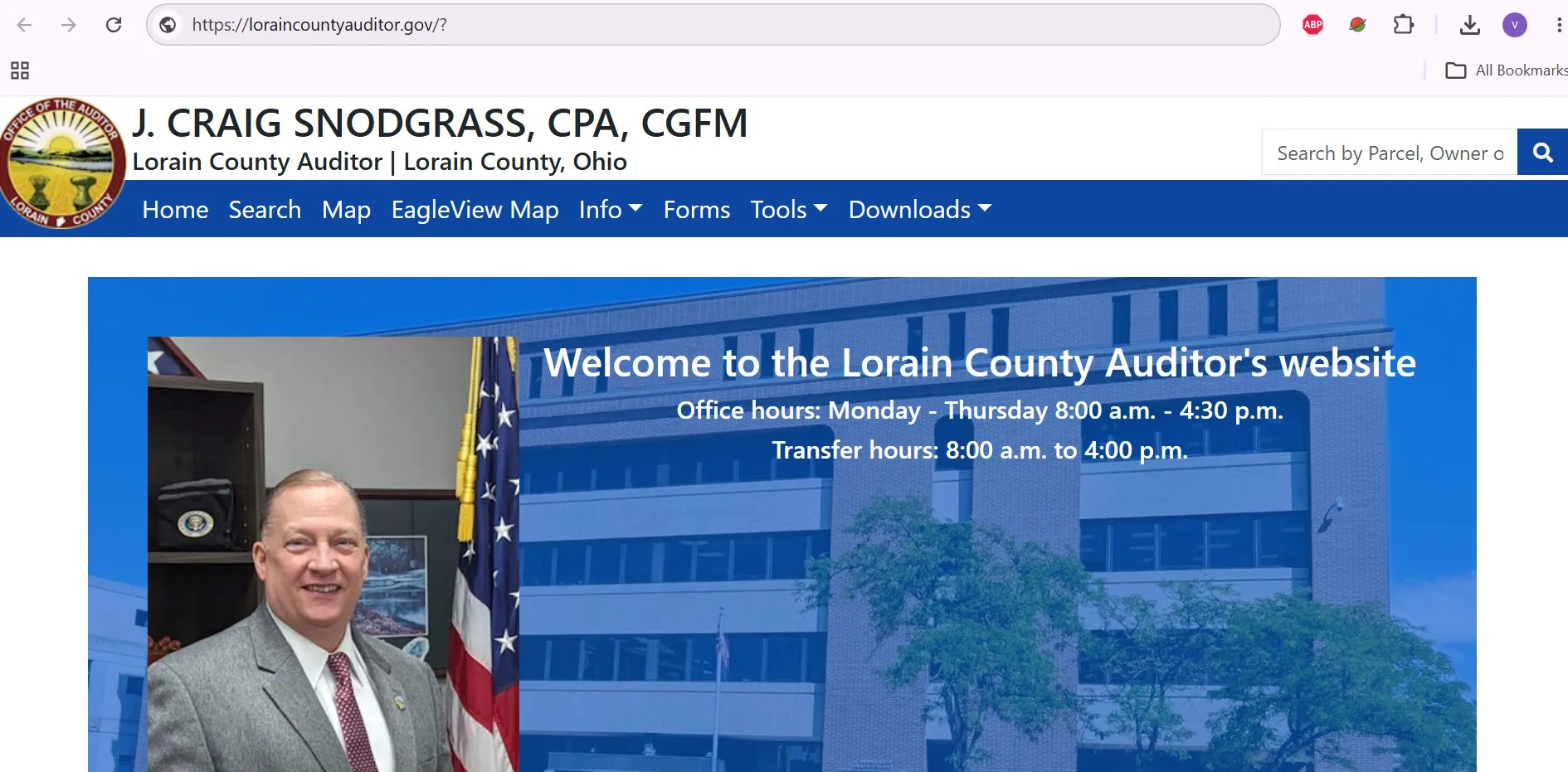 Official Lorain County Auditor property search page with parcel, owner, address and GIS map options