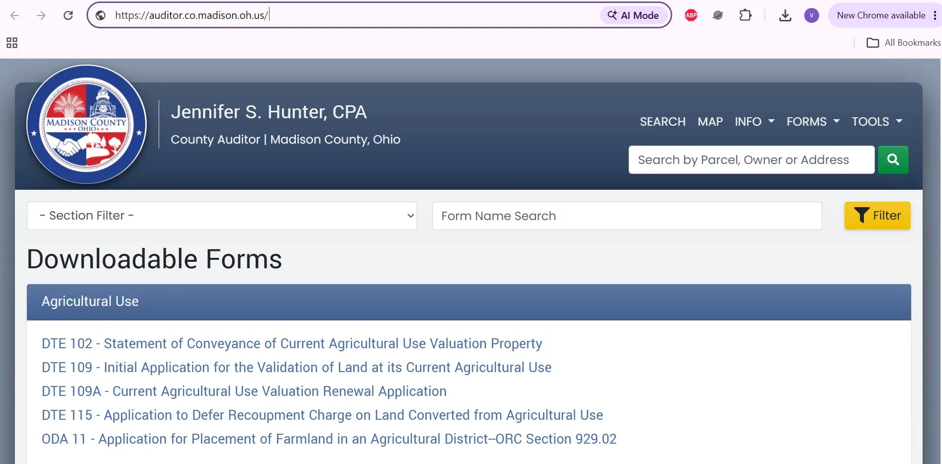 Madison County Ohio Auditor property search page with parcel, owner, address and GIS map options