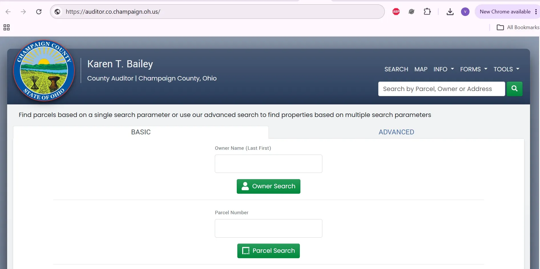 Champaign County Ohio Auditor property search form with owner, parcel number and address lookup fields