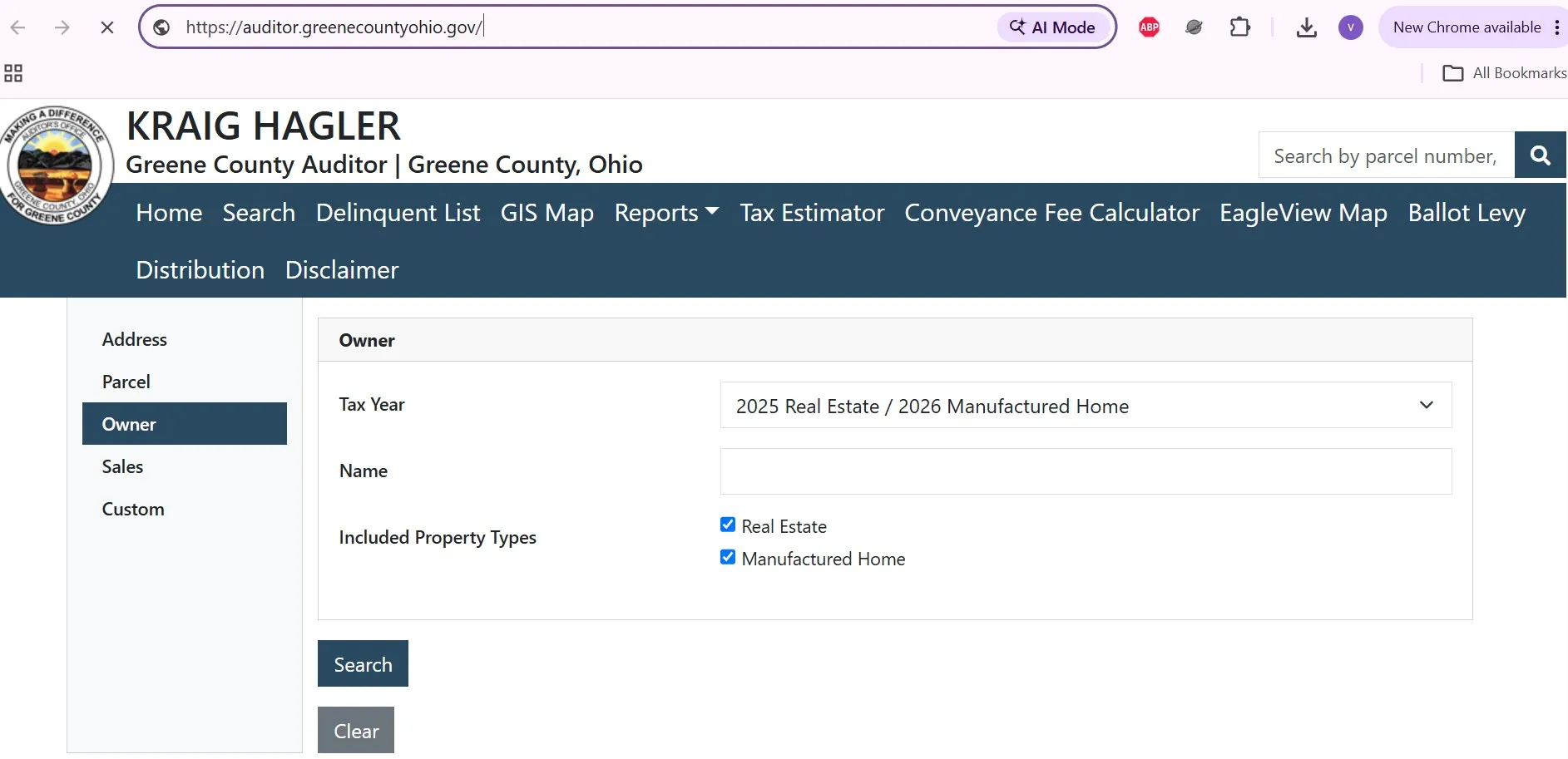 Greene County Ohio Auditor property search with owner, address and parcel lookup options