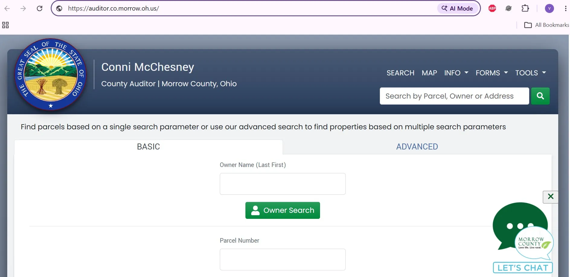 Morrow County Auditor Advanced Search page with owner, parcel number and property address lookup fields