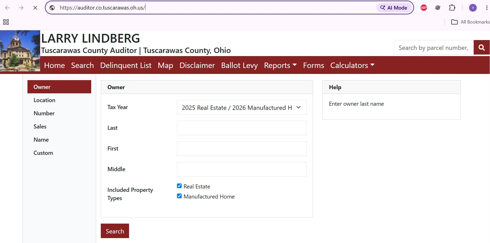 Tuscarawas County Auditor property search page with owner, address, parcel number and tax-year lookup options