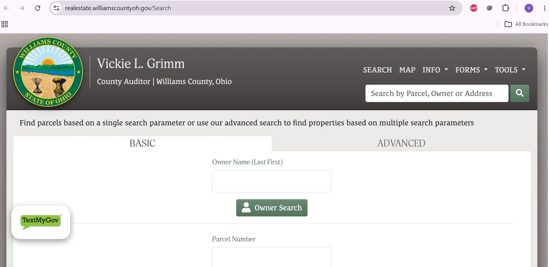 Williams County Ohio Auditor property search with owner, address and parcel-number fields