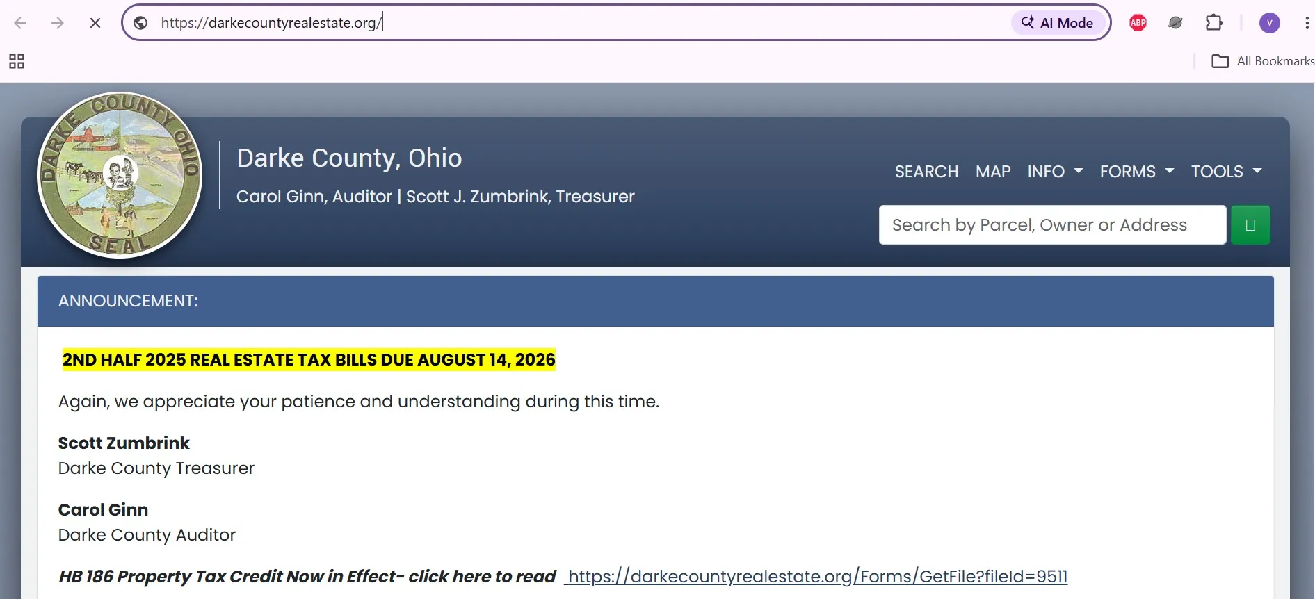 Darke County Auditor property search form with owner, parcel number and address lookup options