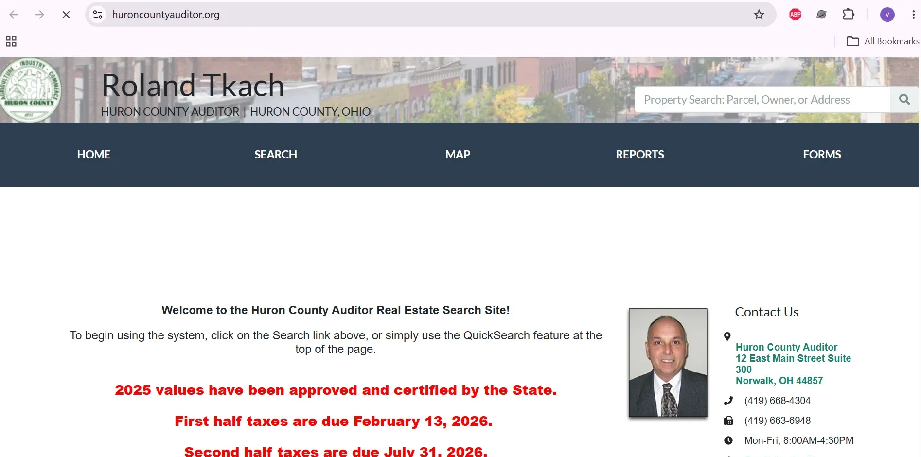 Huron County Auditor property search page showing owner, address and parcel lookup options