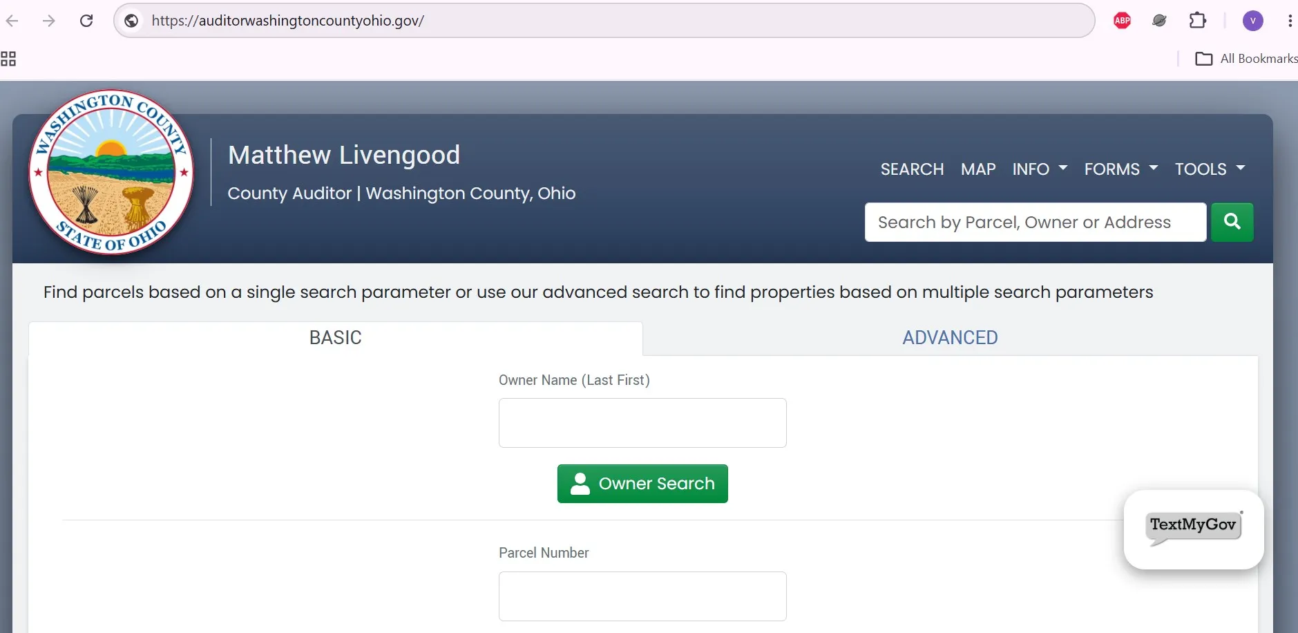 Washington County Ohio Auditor property search page with owner, parcel number and address lookup fields