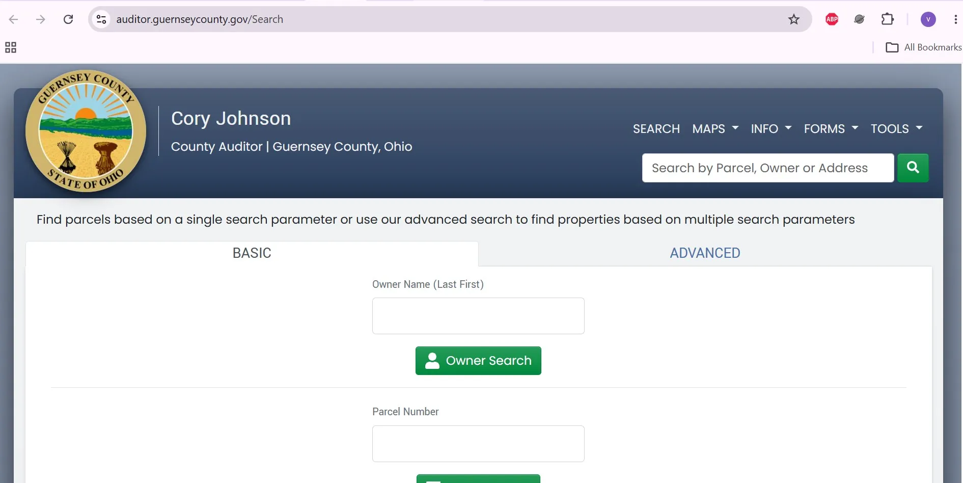 Guernsey County Auditor property search page with owner, parcel number and address lookup fields