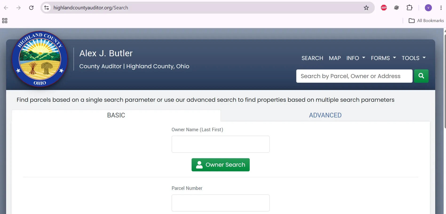 Highland County Auditor property search page with owner, parcel and address lookup fields