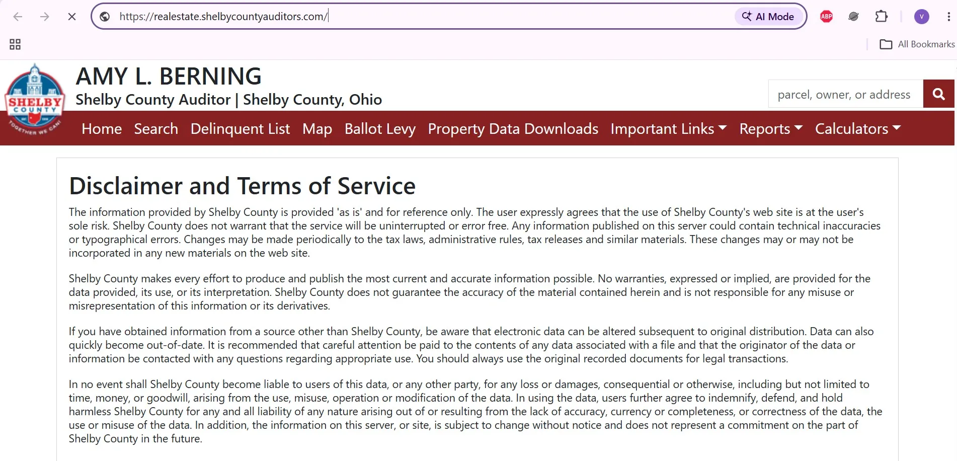 Shelby County Ohio Auditor property search page with owner address and parcel lookup options