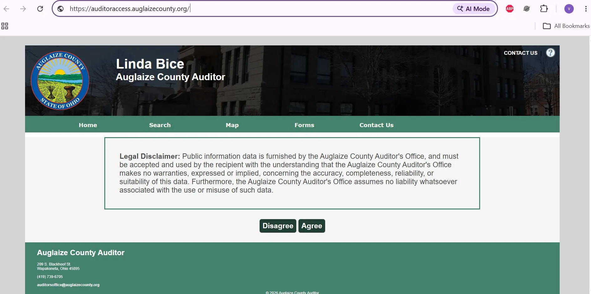 Auglaize County Auditor property search page with owner, address, parcel ID and advanced search options