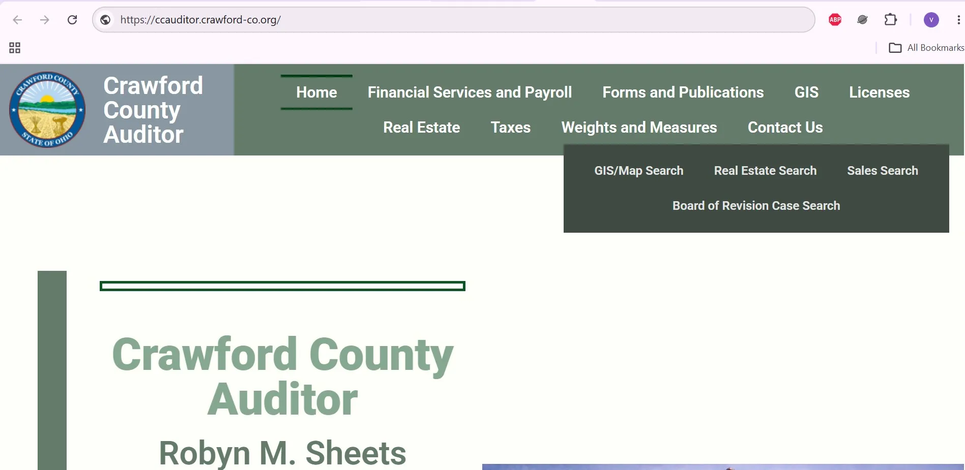 Crawford County Ohio Auditor property search page with owner, address and parcel-number lookup options
